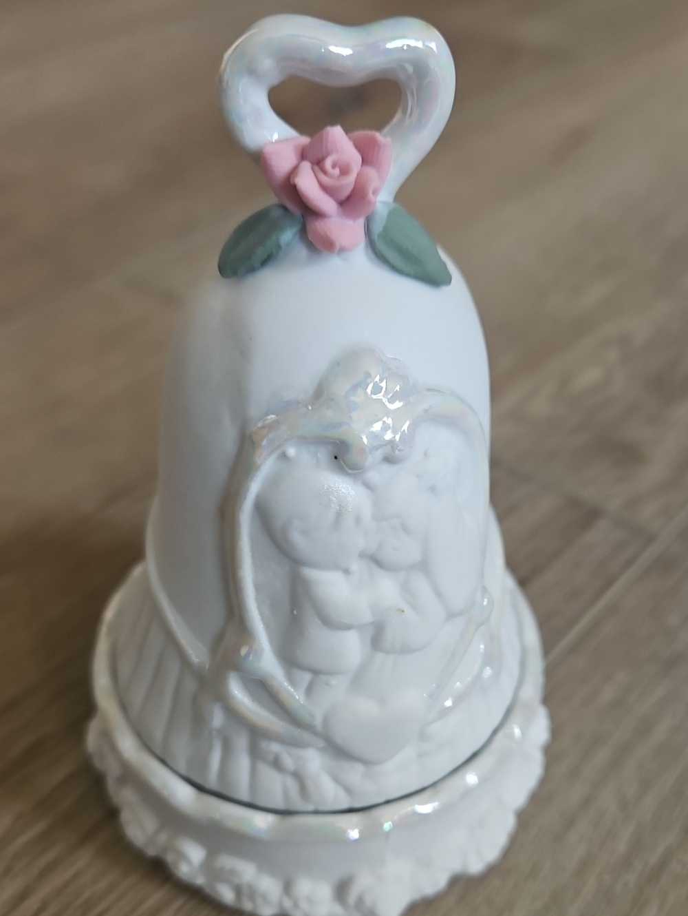 Decorative White Ceramic Bell with Pink Rose Accent Home Accents Wedding